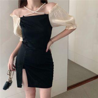 Cold-shoulder Beaded Mini Sheath Dress
