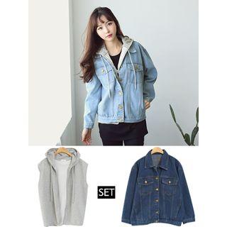 Set: Buttoned Denim Jacket + Sleeveless Hoodie