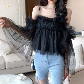 Cold Shoulder Long-sleeve Mesh Blouse