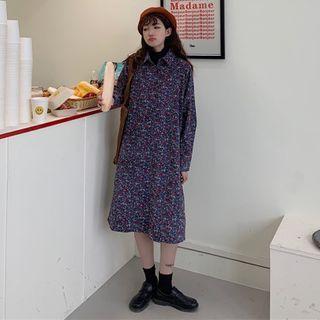 Floral Print Long-sleeve Midi A-line Dress / V-neck Knit Vest