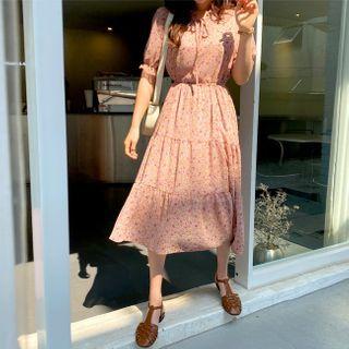 Floral Print Tiered Chiffon Dress Light Pink - One Size