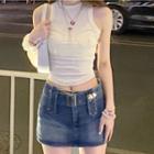 Cropped Tank Top / Fitted Mini Denim Skirt