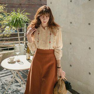 Pintuck-front Floral Embroidered Blouse