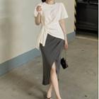 Short-sleeve Tie-front T-shirt / Midi Pencil Skirt