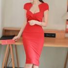 Plain Cap-sleeve Shirred Midi Bodycon Dress