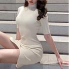 Short-sleeve Mock-neck Knit Mini Dress