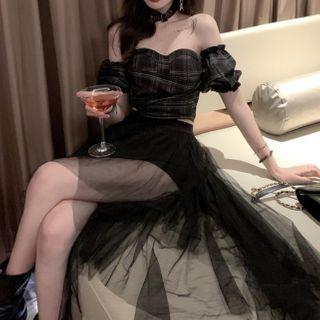 Cold Shoulder Short-sleeve Top / Sheer Panel Midi Skirt