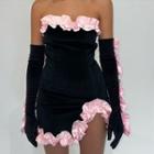 Set: Strapless Ruffled Mini Bodycon Dress + Long Gloves