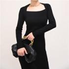 Square-neck Plain Split Skinny Dress Black - One Size