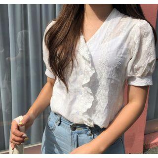 Frilled V-neck Short-sleeve Blouse