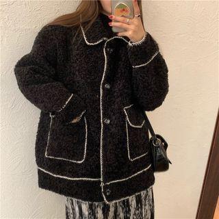 Contrast Trim Fleece Button-up Jacket Black - One Size