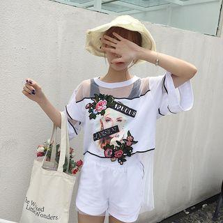 Set : Print Elbow-sleeve Top + Shorts