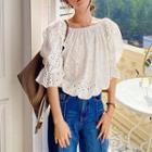Puff-sleeve Embroidered Eyelet Blouse