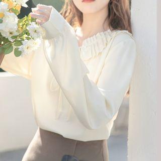Long-sleeve Plain Ruffled Blouse Almond - One Size