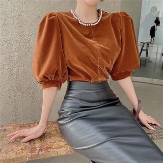 Pearl-neckline Puff-sleeve Velvet Crop Top / Faux-leather Midi Skirt / High-waist Faux-leather Mini Skirt