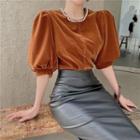 Pearl-neckline Puff-sleeve Velvet Crop Top / Faux-leather Midi Skirt / High-waist Faux-leather Mini Skirt