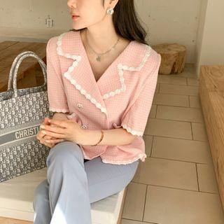Lace Trim Short-sleeve Double-breasted Blazer