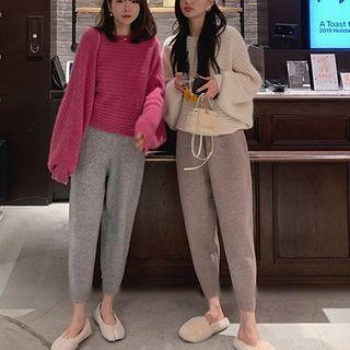 Plain Elastic-waist Knit Straight-cut Pants