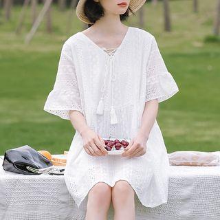 Elbow-sleeve Perforated Mini Dress