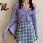 V-neck Pointelle Knit Cardigan / Plaid A-line Skirt