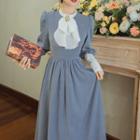 Lantern-sleeve Tie-neck Midi A-line Dress