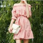 Plaid Off-shoulder A-line Dress With Belt