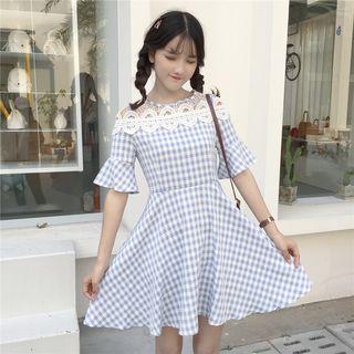 Crochet Trim Plaid Short Sleeve Dress