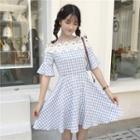 Crochet Trim Plaid Short Sleeve Dress