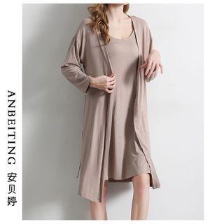 Plain Sleeveless Sleep Dress / Open-front Long Jacket / Set