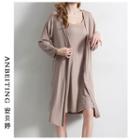 Plain Sleeveless Sleep Dress / Open-front Long Jacket / Set