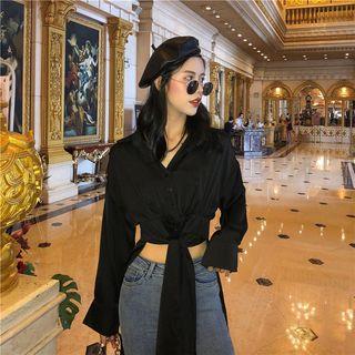Plain Long-sleeve Shirt Black - One Size