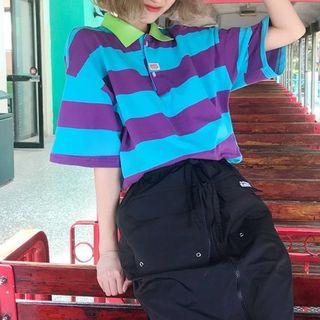 Striped Short-sleeve Polo Shirt / Zip Front A-line Skirt
