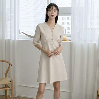V-neck Buttoned Flare Dress