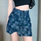 Plaid High-waist Slit Denim Mini Skirt