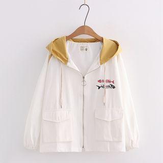 Fish Bone Print Hooded Zip-up Jacket White - One Size