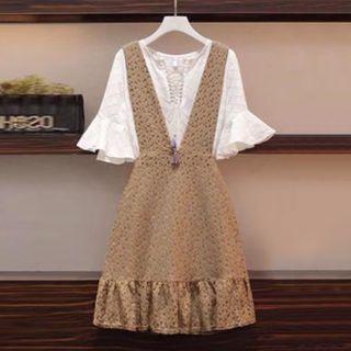 Set: Bell-sleeve Top + Floral Print Mini A-line Pinafore Dress