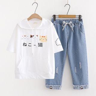 Hooded Short-sleeve Cat Print T-shirt / Rabbit Embroidered Straight-cut Jeans / Set
