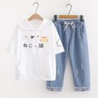 Hooded Short-sleeve Cat Print T-shirt / Rabbit Embroidered Straight-cut Jeans / Set