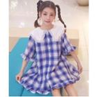 Plaid Short-sleeve Collared Dress As Shown In Figure - One Size