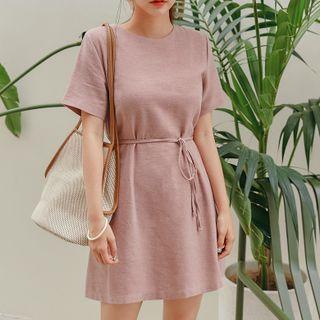 Short-sleeve Plain Tie-waist Mini A-line Dress