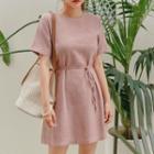 Short-sleeve Plain Tie-waist Mini A-line Dress