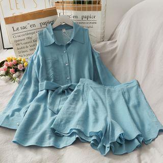 Set: Pearl-trim Off-shoulder Loose Shirt + High-waist Shorts