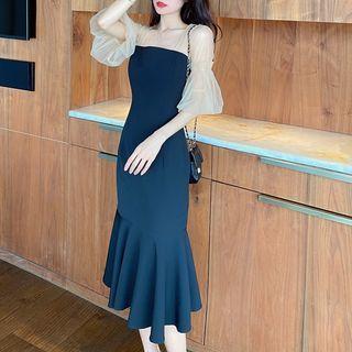 Puff-sleeve Mesh Mermaid Midi Dress