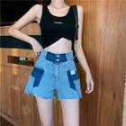 Two-tone High-waist Denim Wide-leg Shorts