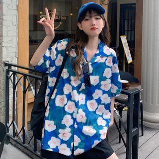 Elbow-sleeve Floral Print Shirt Blue & White - One Size