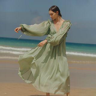 Long-sleeve Ruffle Midi A-line Chiffon Dress