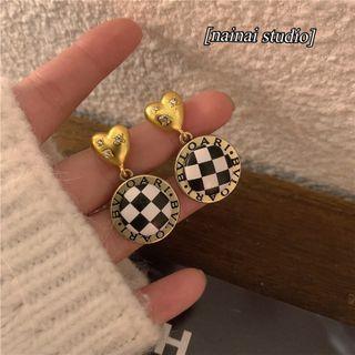 Checkerboard Heart Drop Earring 1 Pair - Silver Needle - Gold - One Size