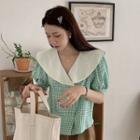 Puff-sleeve Double-breasted Gingham Blouse Gingham - Green - One Size
