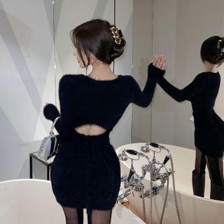 Open Back Furry Sheath Dress