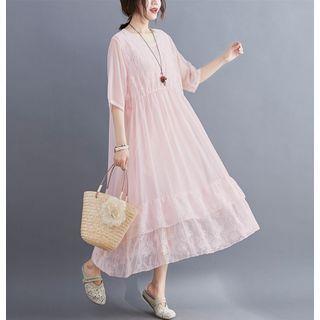 Elbow-sleeve Floral Embroidered Midi A-line Chiffon Dress